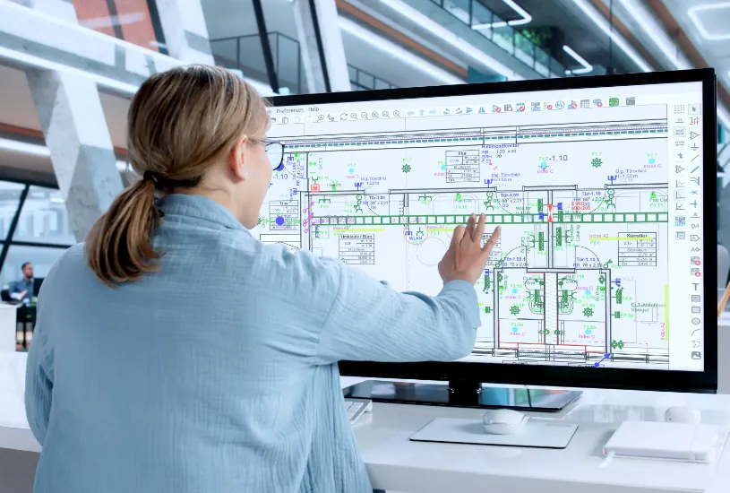 Frau an Monitor mit Grundrisszeichnung