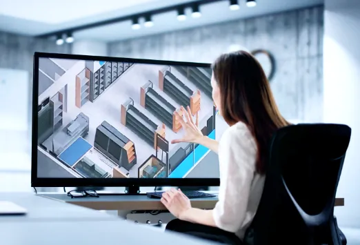 Frau an Monitor mit 3D-Visualisierung eines Raumkonzepts